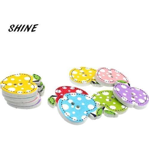 50PCs Wood Sewing Buttons Scrapbooking Apple Colorful Mixed Two Holes Cartoon Pattern Costura Botones Decorate 21x20mm W2040