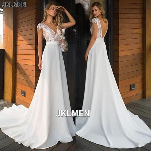 Elegant Satin V-neck A-line Wedding Dresses 2020 Boho Bridal Gowns Backless Vestido De Noiva Plus Size Wedding Dress