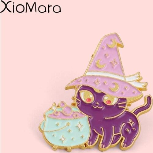 Custom Purple Witch Cat Enamel Pins Punk Animal Brooches Animal Lapel Pin Metal Gothic Badge Jewelry Gifts For Friends Wholesale