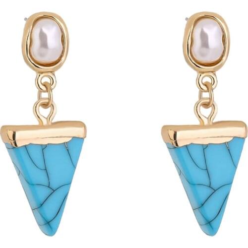 FYSL Light Yellow Gold Color Geometric Shape Blue Turquoises Stone Stud Earrings with Pearls Jewelry