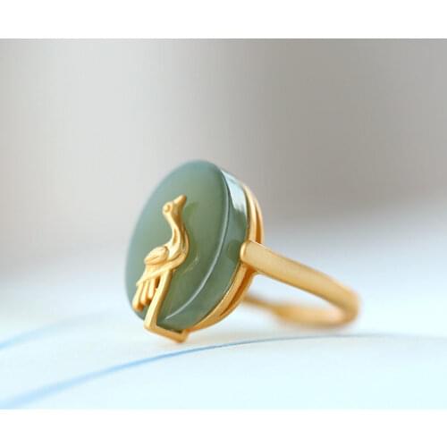 Natural Hetian Jade Gray Jade Cloud Crane Ring Female S925 Sterling Silver Simple Retro with Opening Couple Ring Ornament