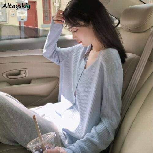 Women Cardigans Solid Thin Summer Sunscreen All-match Ulzzang Casual Fashion Button Loose Basic Knitting V-neck Female Sweater