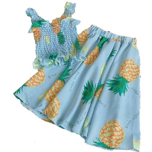 Kids Girl’s Summer Two Piece Set Fresh Pineapple Print Ruffles Suspender Tops and Elastic A-line Midi Skirt Clothes for Teens