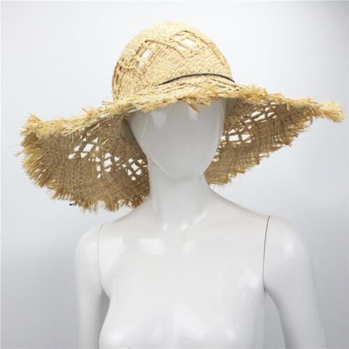 Summer Beach Women Fedora Cap Wide Brim Vacation Floppy Straw Sun Hat 46cm Hand Made Straw Hat Raffia