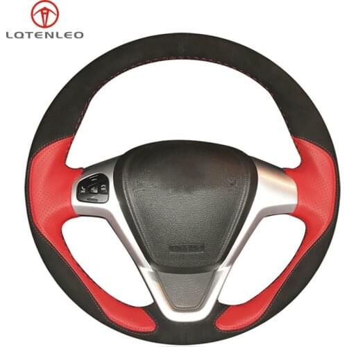 LQTENLEO Black Suede Red Leather Car Steering Wheel Cover For Ford Fiesta 2008-2016 Figo 2012 Ecosport 2013-2017 B-Max 2011-2019