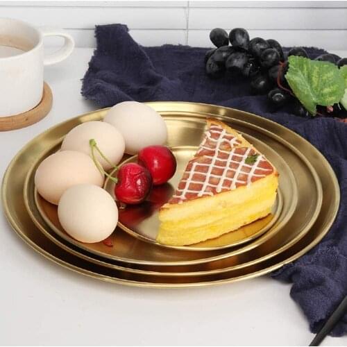 European Style Metal Dinner Dishes Round Gold Dinner Plate Cake Tray Western Steak Round Serving Dishes Home Kitchen Tableware