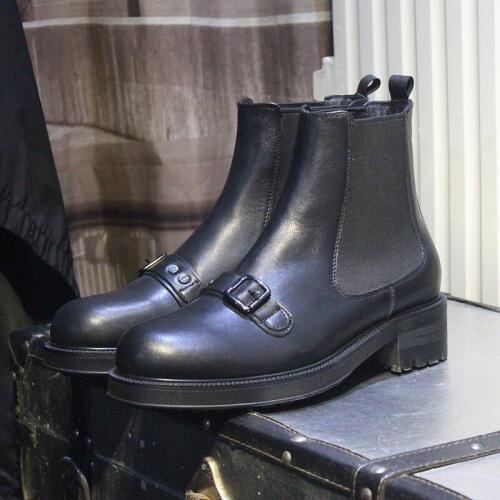 Mens Round Toe Chelsea Boots Block Med Heels Cowhide Genuine Leather Ankle Boots Slip On Buckle Business Man Work Safety Shoes