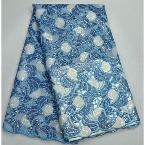 Sky blue sequns guipure beaded lace fabric high quality embroidered sequins tulle net lace fabric For a wedding dress KS9-4