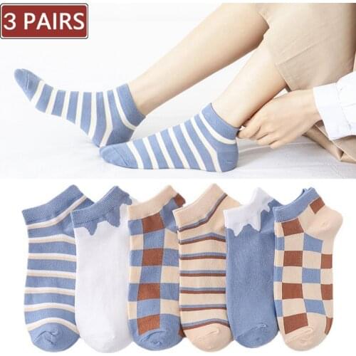 3 Pairs Womens Short Socks Cotton Fashion Plaid Striped Casual Boat Sock Breathable Comfortable ladies girls Summer Ankle Socks