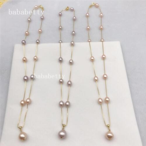 New Natural Freshwater 6-7MM Rice Grain Pearl Pink Purple Multicolor Tibetan Silver Necklace