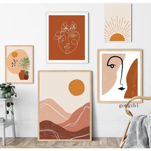Boho Sun Woman Face Abstract Line Nordic Posters Orange Landscape Canvas Painting and Prints Wall Art Pictures Living Room Decor