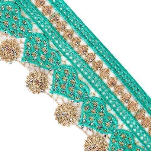 10yards Beaded Crystal Lace Trim Blue Gold Embroidery Applique Trimming African Cord Fabric Tape Scrapbooking Sewing T2744