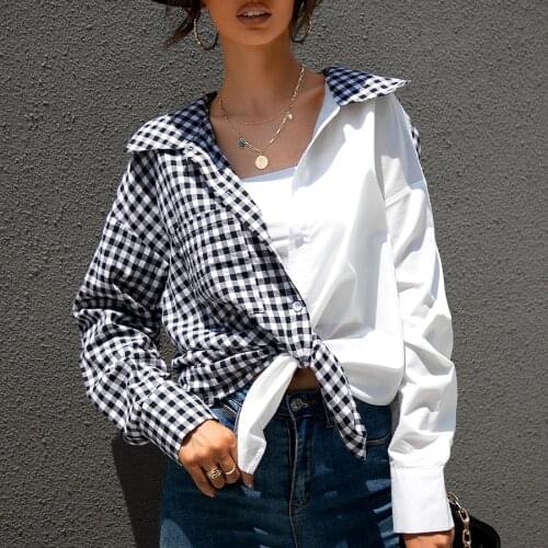 GypsyLady Vintage Patchwork Shirt Blouse Plaid Autumn White Black Women Shirts Blouse Long Sleeve Casual Chic Ladies Shirt Top