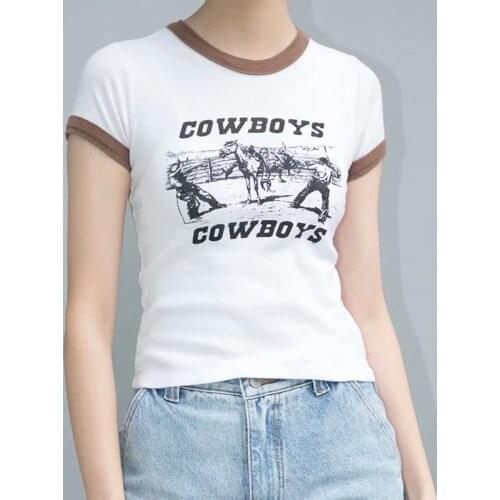 Vintage Cowboys Girls Sexy Crop Top Women 2021 Summer Short Sleeve Sexy Slim Tee Shirt Femme Casual Streetwear Short Tops Cute