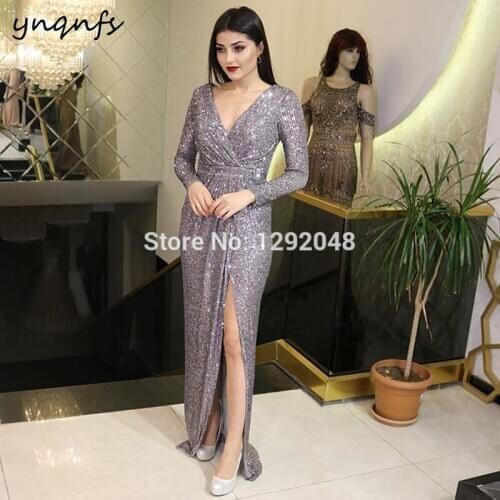 YNQNFS E6 Sexy V Neck Long Sleeve High Slit Formal Dress Gray Sequin Long Dresses Evening Gowns 2019