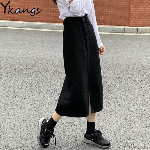 White Black Vintage Slit High Waist Long Denim Skirt Women Casual Loose A-Line Solid 2021 Summer Korean Fashion Skirt Streetwear