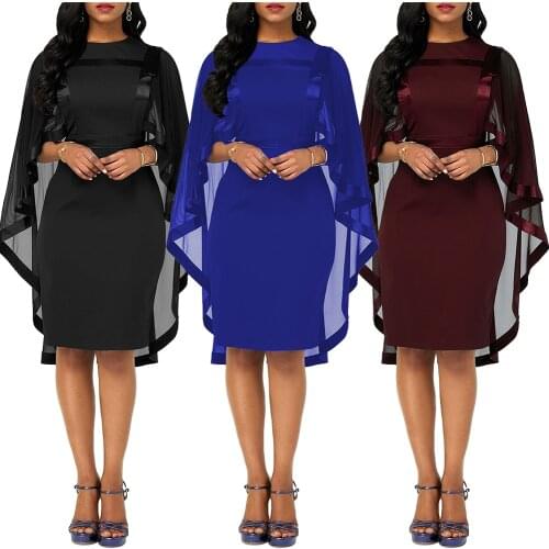 Fashion Women Dress Set Solid Color O Neck Mesh Cloak Cocktail Dresses Cloak Party Knee-length Dress capas y ponchos