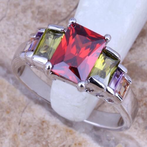 Wonderful Rectangle Multicolor Red Garnet Silver Plated Womens Jewelry Ring Size 6 / 7 / 8 / 9 R0513