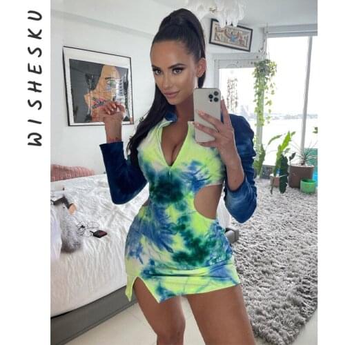 Sexy Deep V Neck Dress Tie Dye Long Sleeve Bodycon Mini Dresses Women Y2k Clothes 2021 Summer Vacation Club Party Streetwear