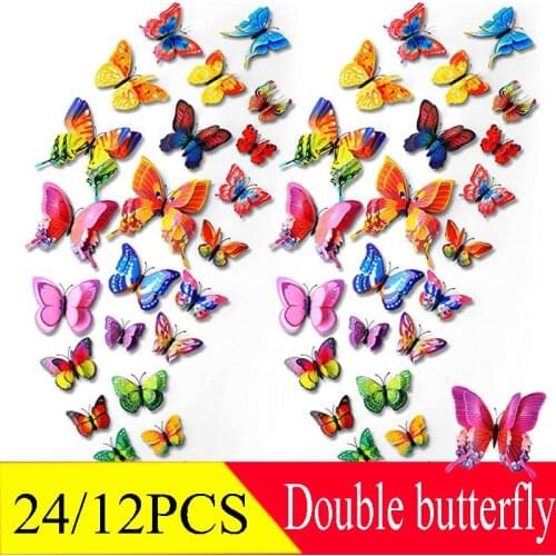 24/12PCS Ouble Layer 3D Butterfly Wall Sticker Simulation Butterfly Magnet Fridge Stickers DIY Room Background Wall Home Decor