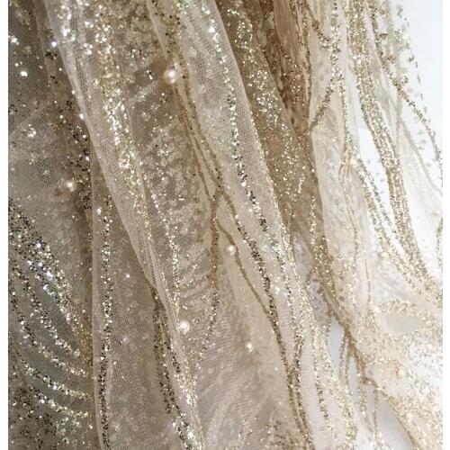 90x130cm New Silver Glitter Sequins Fabric Pearl Bead Telas Por Metros Designer DIY Wedding Dress Mesh Lace Fabric Material