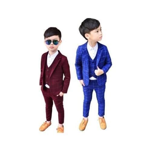 New Formal 3PCS Kids Plaid Wedding Blazer Suit Brand Flower Boys Formal Tuxedos School Suit Kids Spring Clothing Set 2-12Y