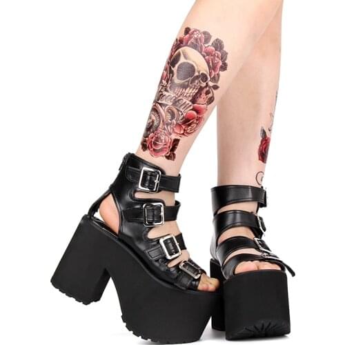 Women Punk Rock Buckle Straps Thick Platform Open Toe Gladiator Sandals Boots BLACK