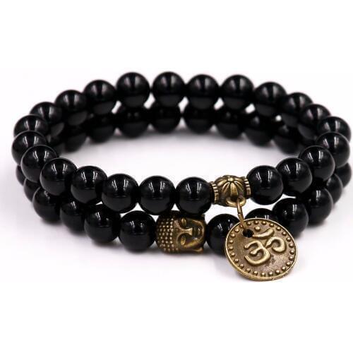 2Pcs 8MM Black Onyxl Natural Stone Bracelets Pendent Charm Bracelets For Men Jewelry Gift Buddha Strand Bracelets Women