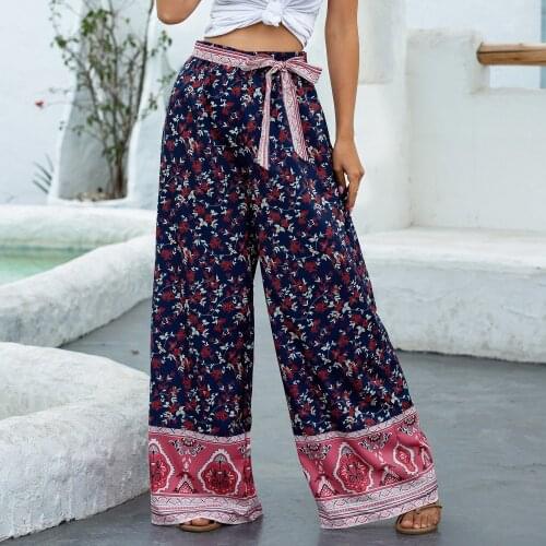 Drawstring Waist Loose Pant Teenager Woman Fashion Trouser Streetwear Harajuku Summer Flower Printing Wide Leg Ladies Casual