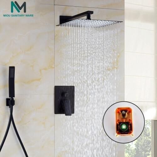 Black Rainfall Shower Mixer Wall Mounted Shower Faucets Concealed Shower Tap Embedded Box Valve Square 2 Way Function