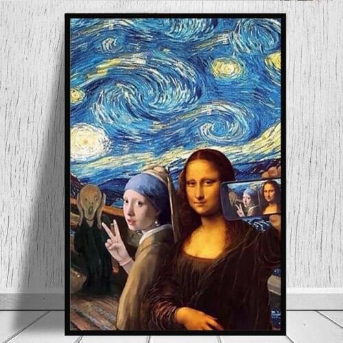 The girl with pearl earrings and the Mona Lisa under the starry night posters and prints on the wall painting art pictures
