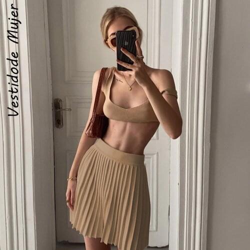 Cotton Knitted Bra Vest Pleated Skirt 2 Pieces Set Women Summer Spring Set Club Fashion Outfits 2021 Womens Set Slim Partywear