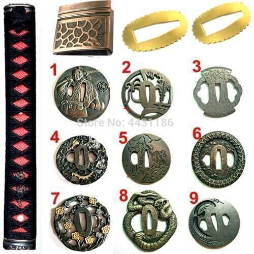 Nice Alloy Japanese Sword Handguard For Katana/Wakizashi/Tanto Fittings Set Tsuba+Menuki+Fuchi+Kashira+Handle+Habaki+Seppa