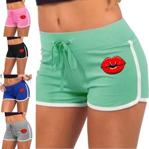 Summer Outdoor Shorts Women High Waist Elasticated Leggings Push Up Gym Training Tights Pocket Lips Printing Short