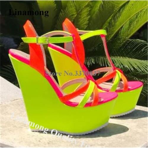 Linamong Summer Shining Neon Yellow Wedge High Platform Wedge Sandals Pink Mixed Candy Color Patchwork Straps Pumps Big Size