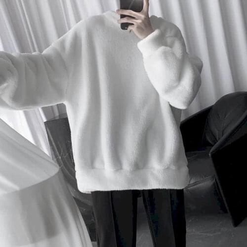 Mens home sweatshirt Hong Kong style plush fleece winter lamb polar fleece warmth thick sweater men loose Korean student clothe