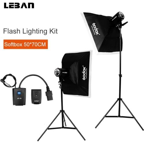 2x Godox E250 500W Flash Light Kit with AT-16 Trigger & 2x 50x70cm Softbox & 2x Modeling Lamp & 2x light stand