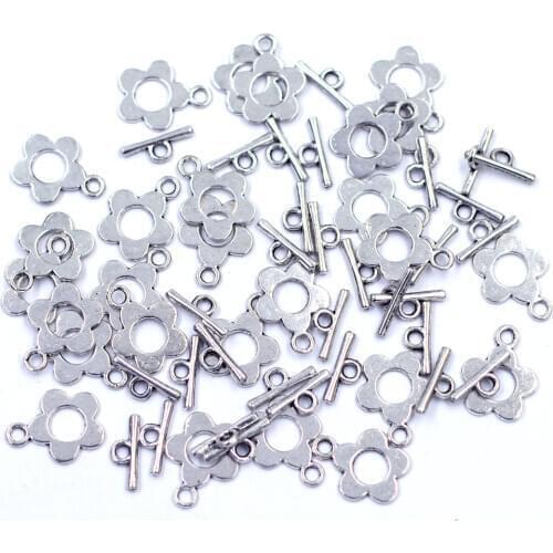 20 Sets Toggle Clasps Fit Silver Tone Flower Shape For Charms Bracelets 16x20mm