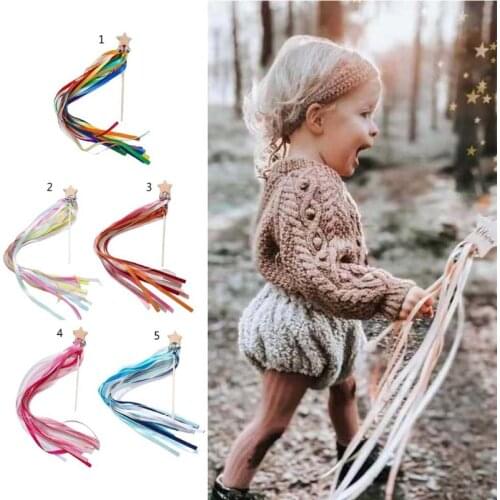 L9CD Rainbow Ribbon Hand Bells Hand Kite Sensory Ribbon Toy Montessori Waldorf Toys Rings Kids Toddler Rattle Kite Ribbon Toy