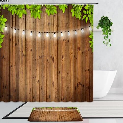 Retro Wood Grain Green Plants Lamp Shower Curtains 3D Fake Wall Bathroom Decor Curtain 2-Piece Non-Slip Bath Mats Carpet Screen