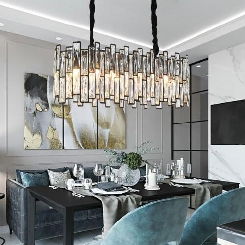YOOGEE Modern Rectangle Crystal Chandelier Lighting for Living Room Kitchen Island LED Black Hanging Light Fixture Indoor Lamp