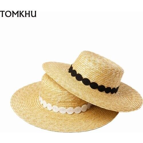Modern 2021 New Flat Top Black White Lace Ribbon Summer Sun Visor Hat Fashion Straw Hat Elegant Lady Wide Brim Panama Beach Hat