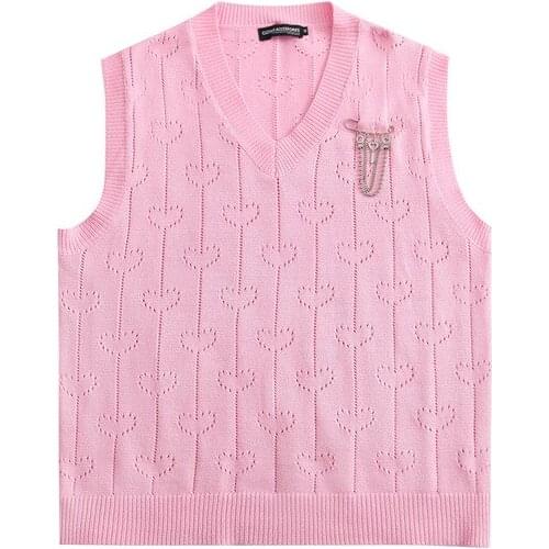 Cute Pink Knitted Hollow Out Sweater Vests for Women and Men Japanese Harajuku Streetwear Oversized Knitwear Sweater Vest