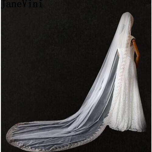 JaneVini Vintage Cathedral Veil Wedding with Comb One Layer Flower Embroidery Lace Edge Tulle Bridal Veils Wedding Accessories
