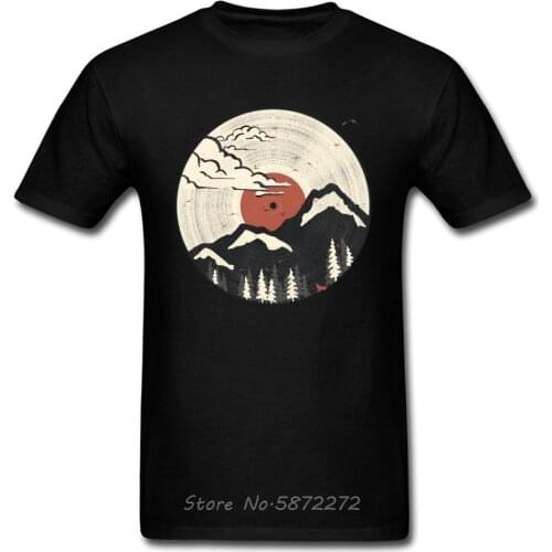 Vintage Vinyl Disc Mount Fuji Tshirt Record Mountain Forest Birds Fox Landscape Black Mens T Shirt Cotton Quality Tee