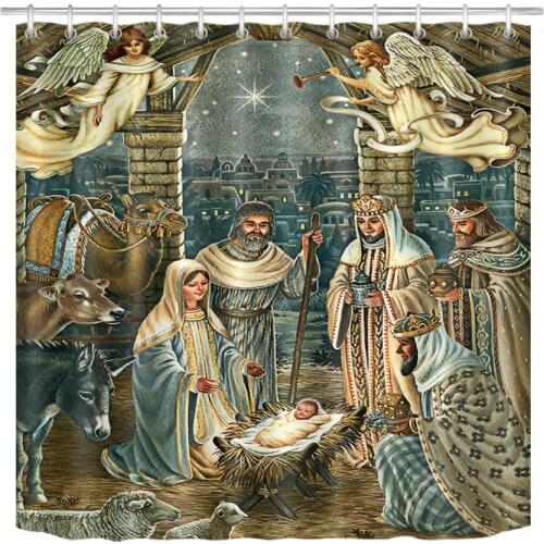 LB Nativity of Jesus Shower Curtain Christmas Christ Decor Three Kings Shower Curtains Polyester Fabric Bathroom Bath Curtains