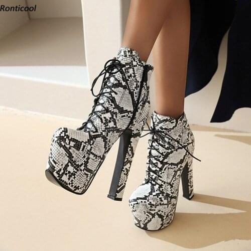 Ronticool Women Winter Ankle Boots 16.5 Cm Square High Heels Round Toe Gorgeous Black Red Snake Shoes Women Plus US Size 5-14