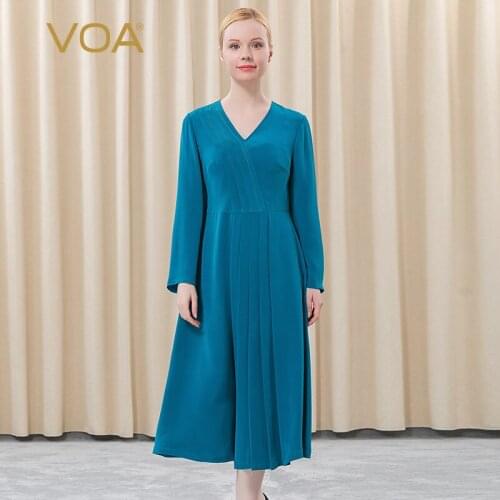 VOA 30m/m Heavy Silk Blue V Collar Long Sleeve Asymmetrical Fold Waist Large Swing Long Sleeve AE517 Maxi Dresses for Women