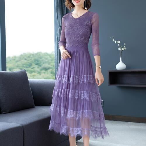 2019 New Autumn Mesh Patchwork Lace Dress Women V-neck Work Casual Party Slim Sexy Purple Long Dresses Vintage Vestidos