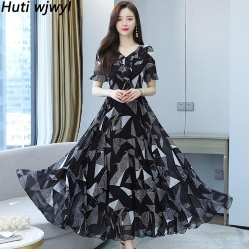 2021 Summer Chiffon Boho Beach Midi Dress Elegant Women Bodycon Party black Vestidos Oversize Vintage Print Casual Maxi Sundress